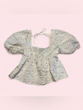 H&M Blouse White Peplum Puff Sleeve Bows Square Neck Small Cecilie Bahnsen